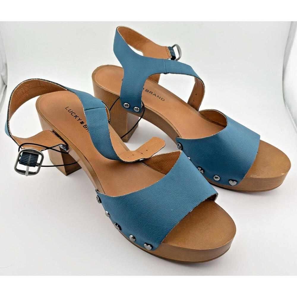 Lucky Brand Teal Turquoise Sandals with Wooden Heel Ankle‎ Strap Size 7